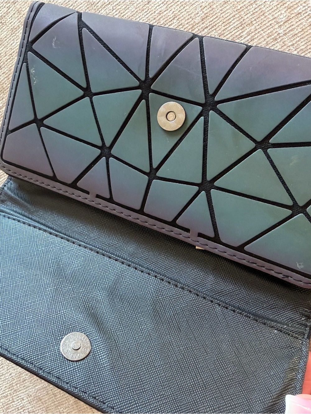 Geometric Panel Black Iridescent Clutch